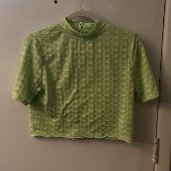 Free People Green Mock Neck Textured Button Closure Back T-Shirt S Casual Boho - Picture 6 of 10